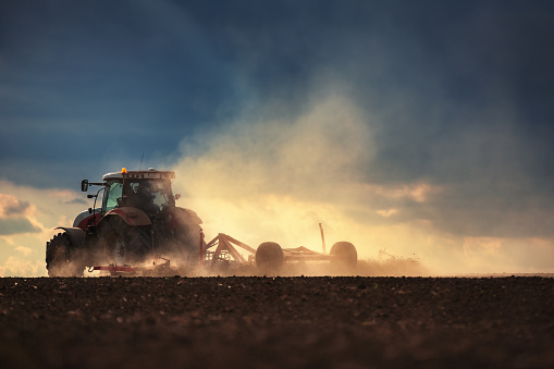 Farmer in tractor preparing land with seedbed cultivator, sunset shot