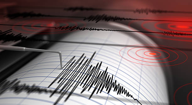 Seismograph and earthquake Seismograph with paper in action and earthquake - 3D Rendering in and out stock pictures, royalty-free photos & images