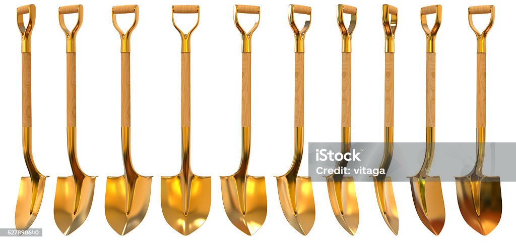 Golden shovel set foreshortening 3d illustration - 免版稅鏟圖庫照片