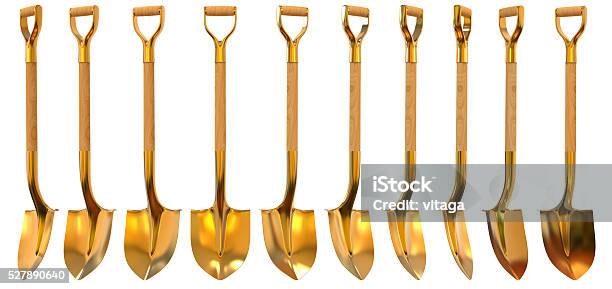 Golden Shovel Set Foreshortening 3d Illustration 照片檔及更多 鏟 照片 - 鏟, 金, 金色