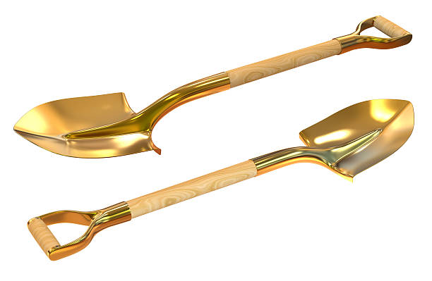 Golden shovel set foreshortening 3d illustration Golden shovel set foreshortening  isolated on white background dibs stock pictures, royalty-free photos & images