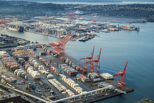 Aerial view of the Port of Seattle and Harbor Island