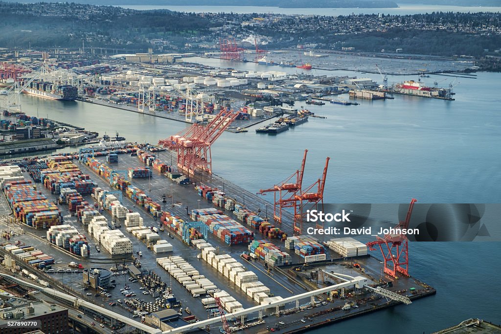 Port of Seattle Aerial view of the Port of Seattle and Harbor Island Commercial Dock Stock Photo