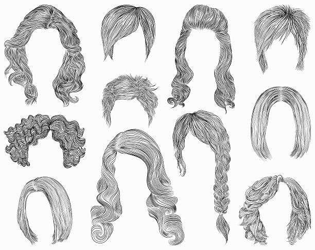 mit unterschiedlichen haaren frisur.fringe kaskade kare. bleistift zeichnung skizze. - hairstyle long hair curly hair women stock-grafiken, -clipart, -cartoons und -symbole