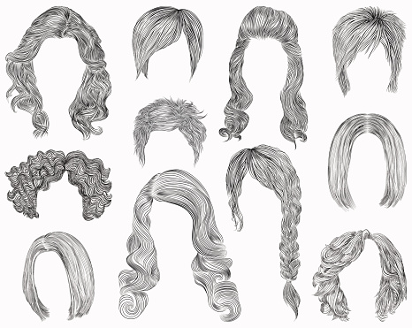 set of  different hairs and hairstyle .fringe curly cascade kare. pencil drawing sketch .