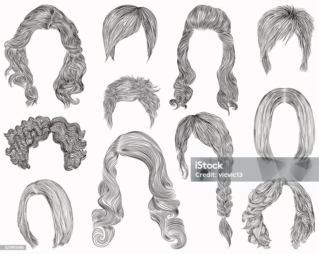 set different hairs  hairstyle .fringe  cascade kare. pencil drawing sketch . set of  different hairs and hairstyle .fringe curly cascade kare. pencil drawing sketch . Women stock vector