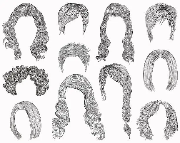 Vector illustration of set different hairs  hairstyle .fringe  cascade kare. pencil drawing sketch .