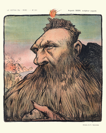 Vintage caricature of Auguste Rodin, a French sculptor. Although Rodin is generally considered the progenitor of modern sculpture, he did not set out to rebel against the past. He was schooled traditionally, took a craftsman-like approach to his work, and desired academic recognition, although he was never accepted into Paris's foremost school of art.