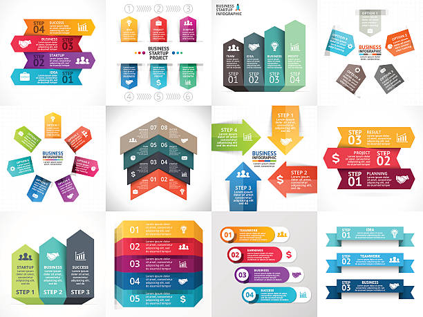 ilustraciones, imágenes clip art, dibujos animados e iconos de stock de vector de flechas infographics, diagrama, plazo gráfico, una presentación gráfica. arranque de negocios - diagram graph three dimensional shape chart