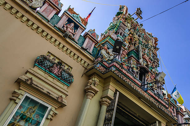 Hindu temple, Little India, George Town, Penang, Malaysia Intricate carvings of hindu deities over entrance of oldest Hindu temple in Malaysia, Sri Mahamariamman Temple, Little India in historic George Town, Penang, Malaysia. dravidian culture photos stock pictures, royalty-free photos & images