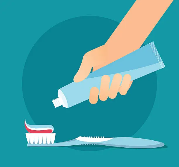 Vector illustration of Hand extrude a toothpaste from a tube on a toothbrush.