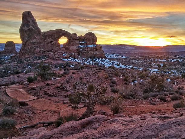 istock Turret Arch, Snow, Windows District, Sunset, Arches National Park, Utah 527900730