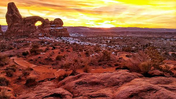 Turret Arch, Snow, Windows District, Sunset, Arches National Park, Utah