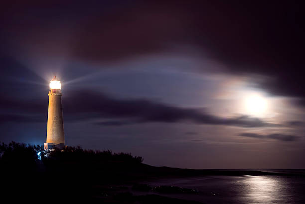 istock Lighthouse on beach coast at night with moon sky 527901836