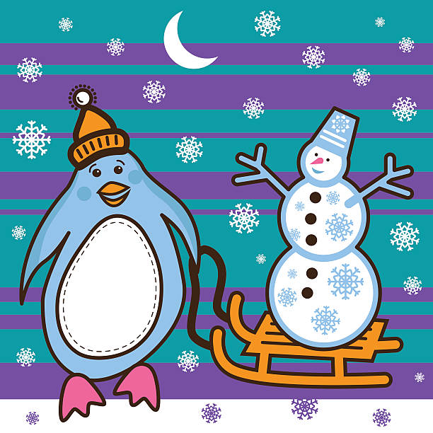 Penguin sledding with a snowman vector art illustration