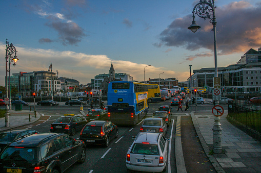 Rush hour traffic in downtown Dublin, Ireland