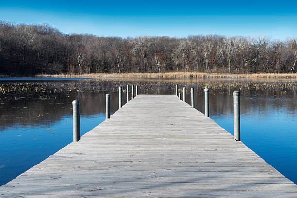 Fall Minnesota lake dock with blue water and sky 