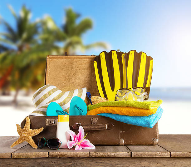 istock Suitcase and accessories for travelling on wood 527905766
