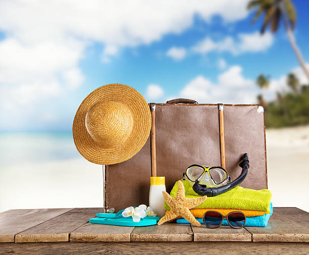 istock Suitcase and accessories for travelling on wood 527905830