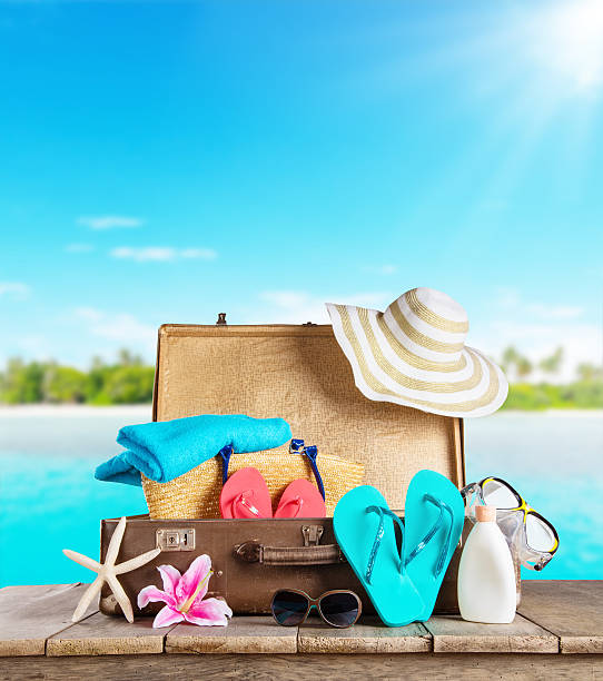 istock Suitcase and accessories for travelling on wood 527905942