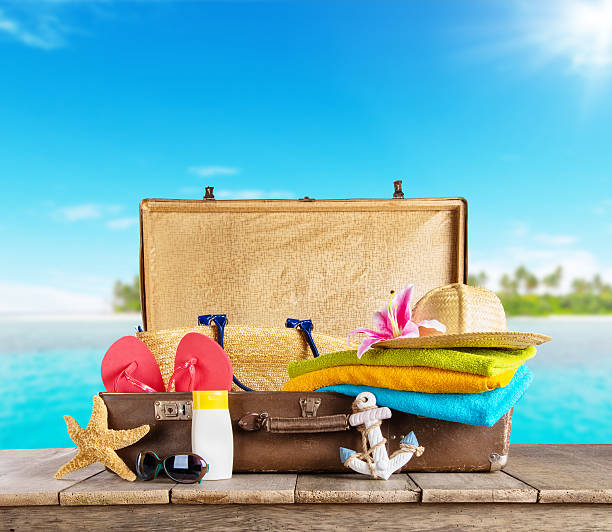 istock Suitcase and accessories for travelling on wood 527905978