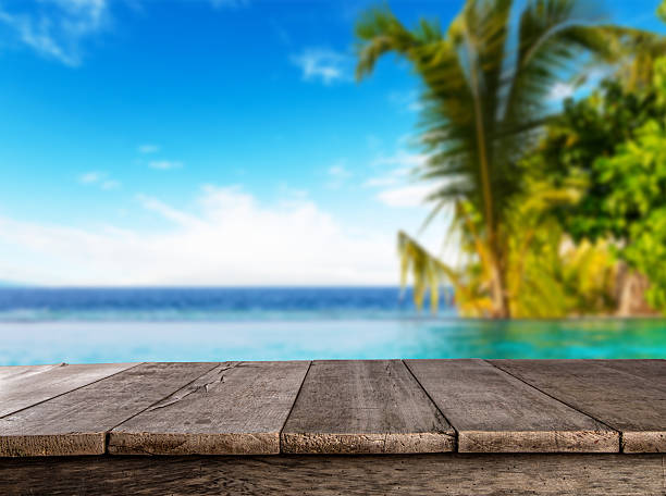 istock Empty wooden planks with blur beach on background 527906300