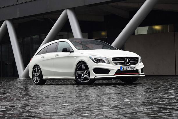 Frankfurt, Germany - March 10th, 2015: First test drive of a new luxury combi Mercedes CLA Shooting Brake at international press launch. This car is the smallest combi-coupe in Mercedes offer.