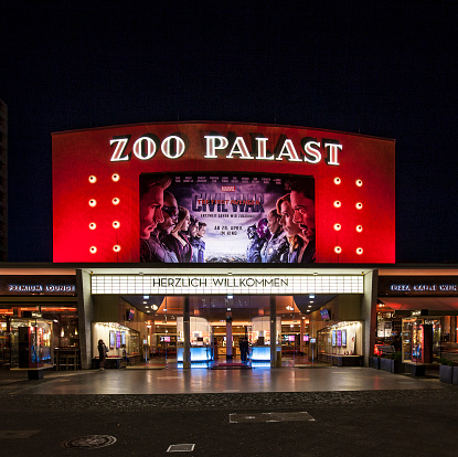 Berlin, Germany  - May 2, 2016: the premiere cinema Zoo Palast in Berlin by night. It is the most famous cinema in Berlin and the main spot for Berlin Biennale.
