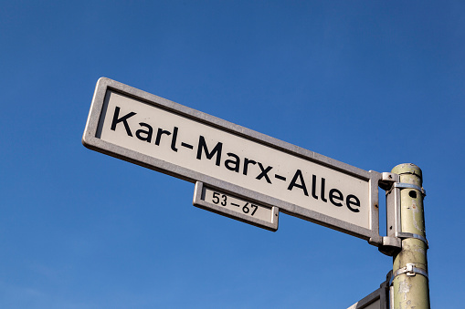 street sign Karl Marx Allee, Berlin, Germany
