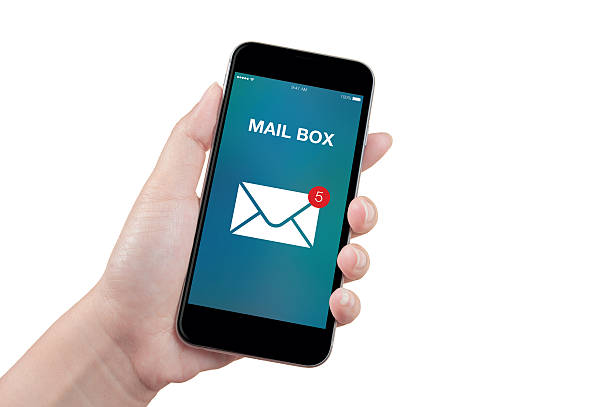 istock Woman hand holding the phone with mailbox screen, isolated 527915312