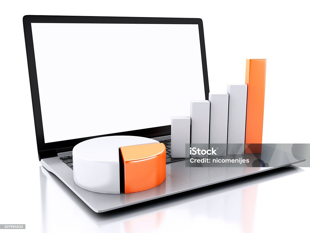 3d Laptop with charts and graph. Business success concept. 3d illustration render. Laptop with charts and graph. Business success concept. Isolated on white background Chart Stock Photo