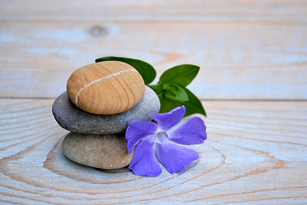 istock Three Zen stones with flower on used wood 527954625