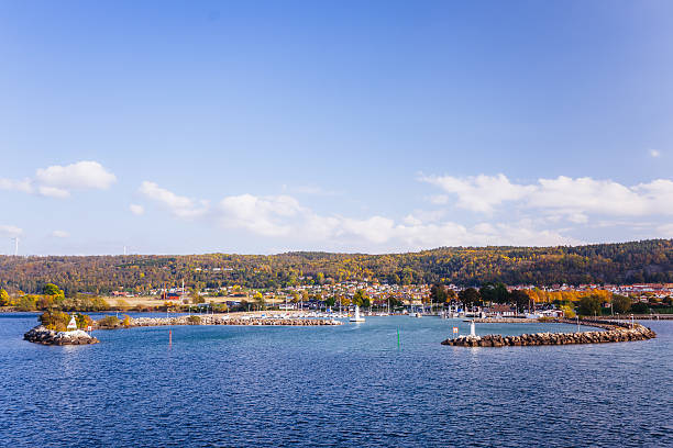 Swedish harbor on the lake Vättern in the fall stock photo