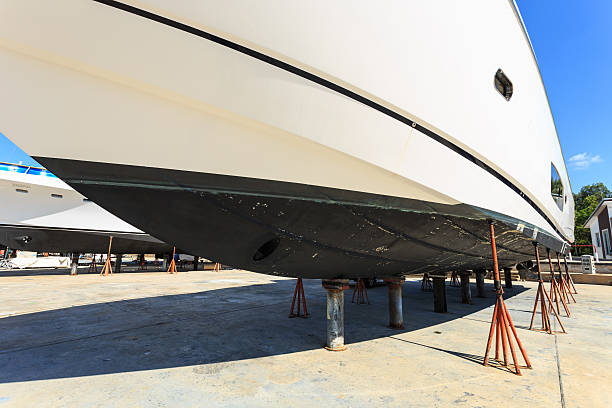 istock Luxury yacht beached for annual service and repair 527958185