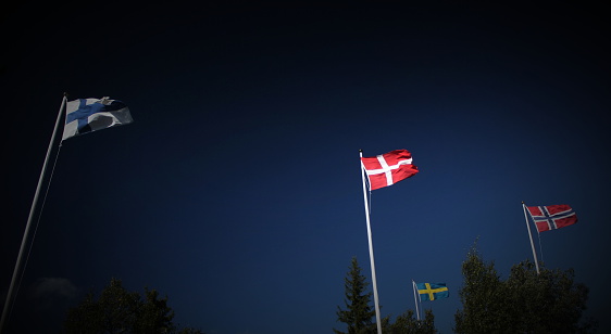 Flags of Finland, Denmark, Sweden and Norway blowing in the wind on dark blue sky.