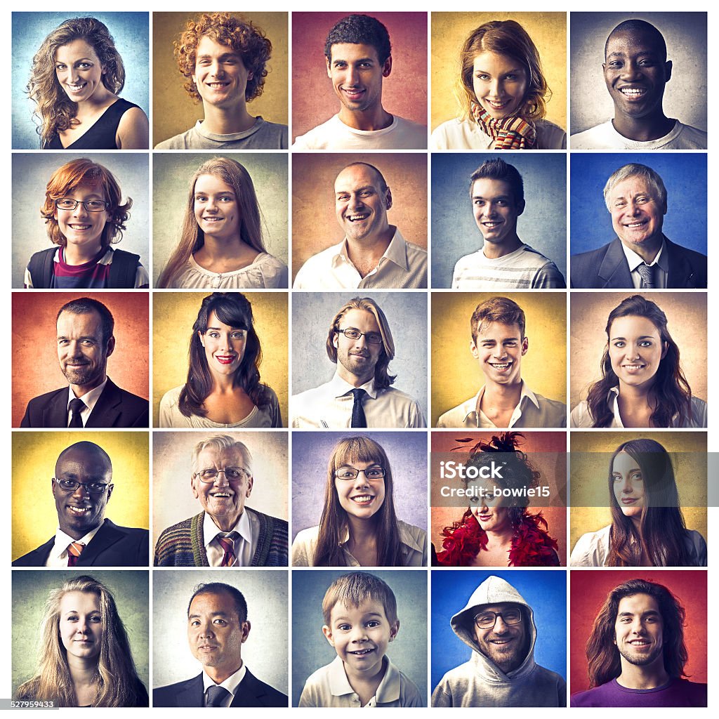 Faces and colours Many portraits of people smiling Multiracial Group Stock Photo