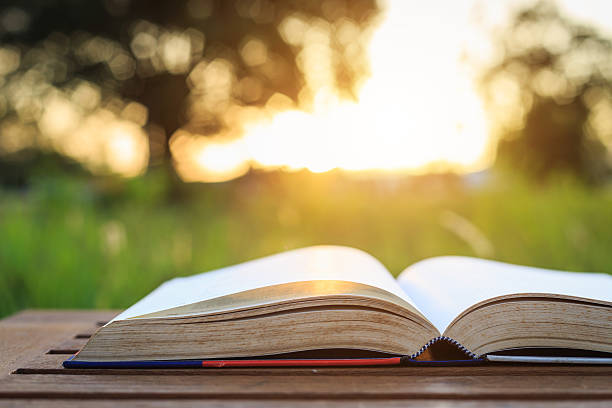 istock Close up book on table in sunset time 527959497
