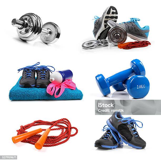 Fitness Equipment Objects Isolated On White Stock Photo - Download Image Now - Cut Out, Sport, Group Of Objects