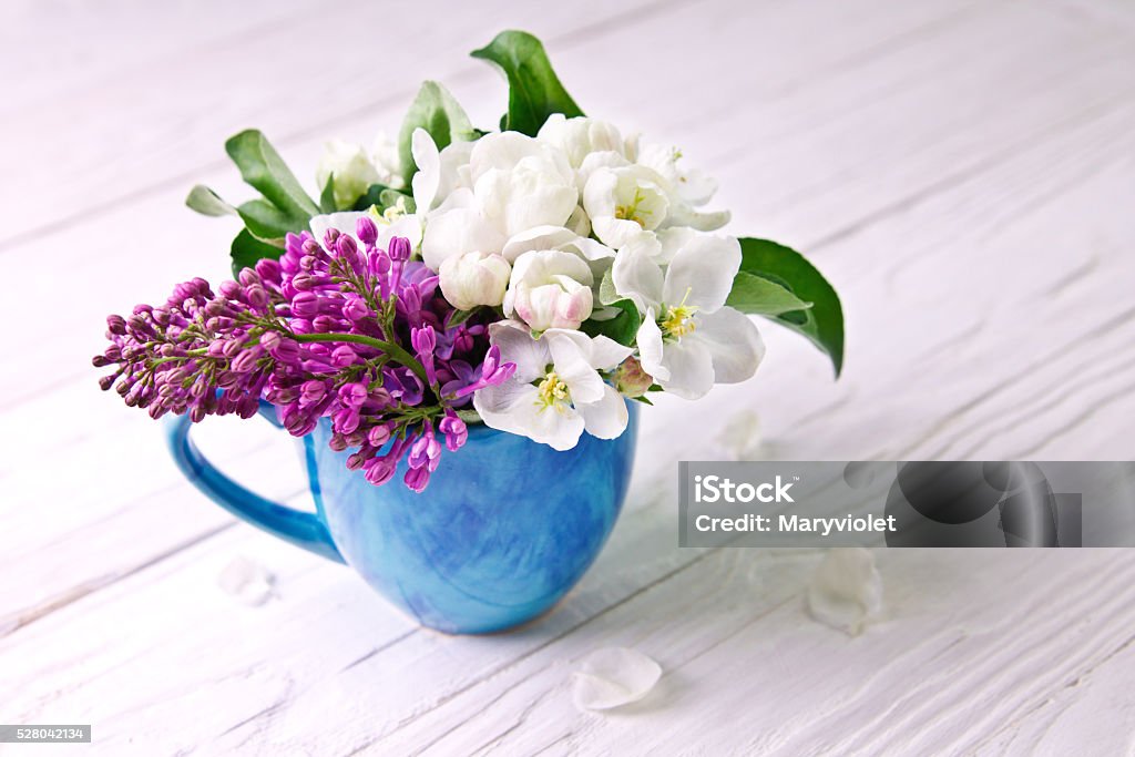 Spring flowers on wooden background Apple and lilac blossom on wooden background  Backgrounds Stock Photo