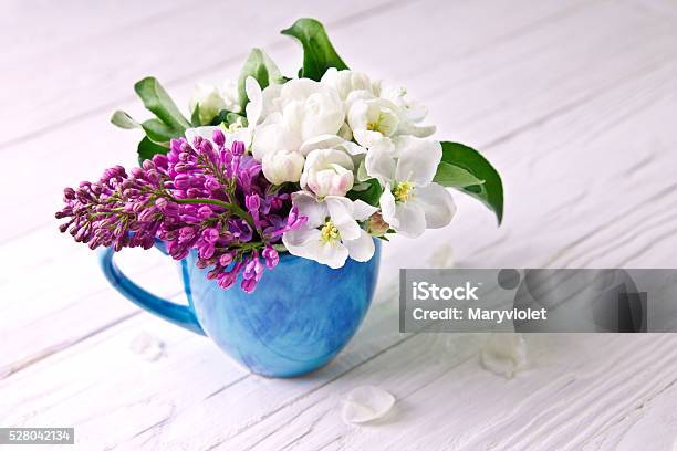 Spring Flowers On Wooden Background Stock Photo - Download Image Now - Backgrounds, Blue, Close-up