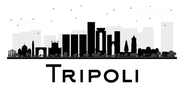 Tripoli City skyline black and white silhouette. Tripoli City skyline black and white silhouette. Vector illustration. Simple flat concept for tourism presentation, banner, placard or web site. Business travel concept. Cityscape with landmarks libyan culture stock illustrations