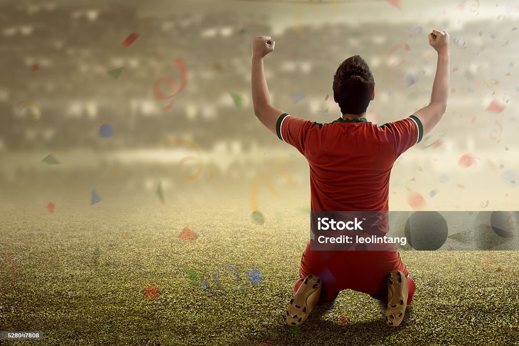 Winning football player Image of winning football player after score in a match Soccer Stock Photo