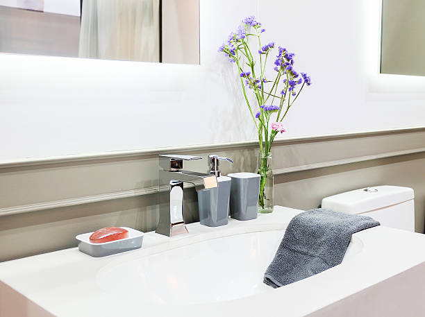 istock Bathroom interior with sink and faucet 528048248