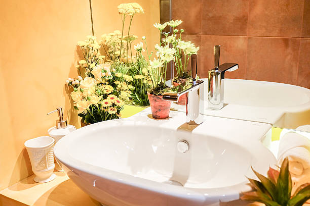 istock Bathroom interior with sink and faucet 528048464
