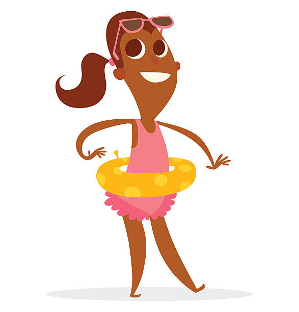 illustrazioni stock, clip art, cartoni animati e icone di tendenza di nero divertente ragazza con un anello di gomma gialla - inflatable ring