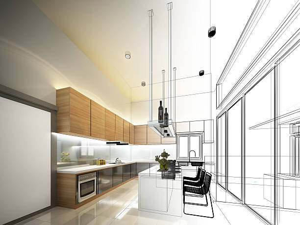 desenho abstrato design de interiores de cozinha - three dimensional blueprint construction housing project - fotografias e filmes do acervo