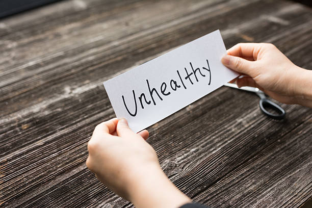 istock holds card with text unhealthy on old wood plank 528056812