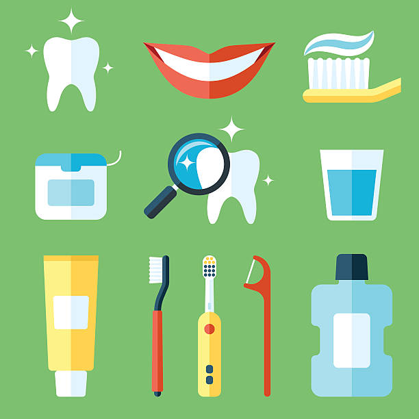 Teeth care Vector set of teeth care icons. Flat style. toothbrush stock illustrations