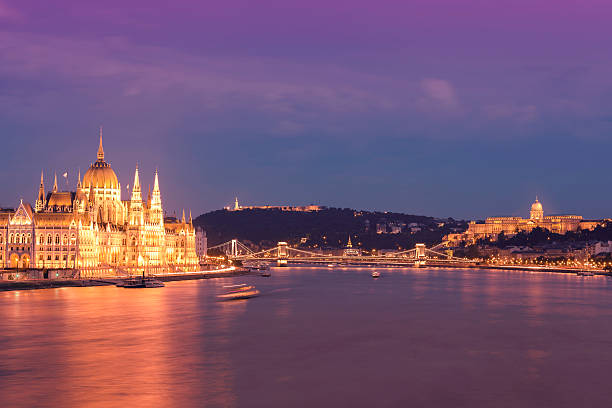 Parliament Chain Bridge Castle Hill Citadella in Budapest at dusk