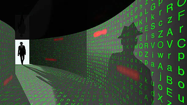 A silhouette of a hacker with a black hat in a suit enters a hallway with walls textured with random letters and common passwords 3D illustration cybersecurity concept